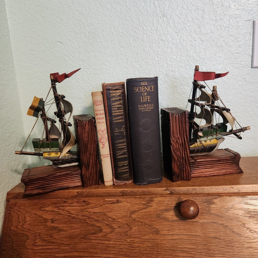 Vtg Ship Nautical Wood and Paper Mache Cloth Bookends Set‎ Pirate Spanish MCM